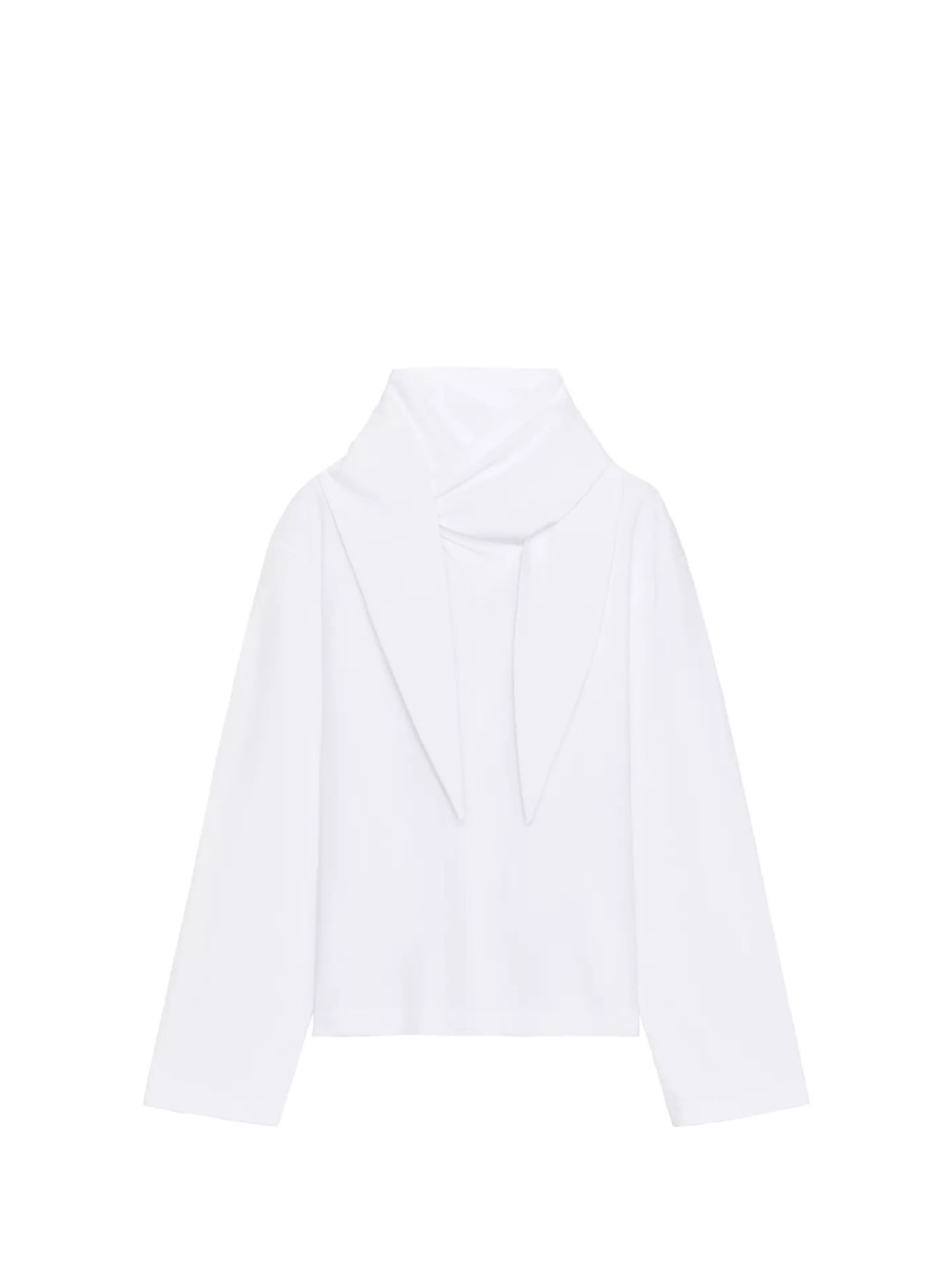 Zara White Long-Sleeve Top with Draped Neck Detail